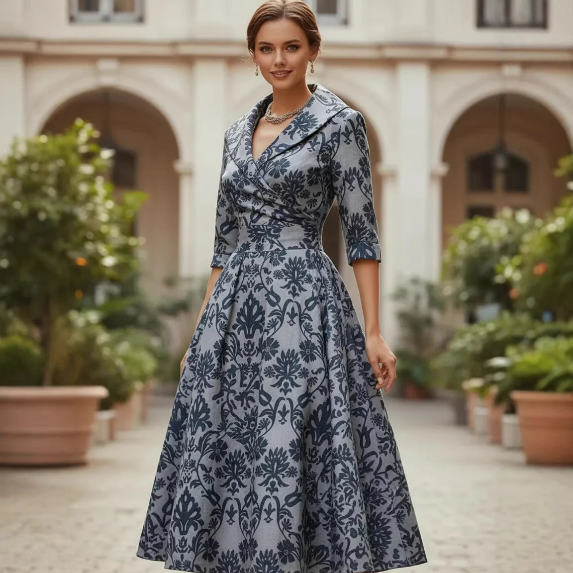 Deva | Women’s Wrap V Neck Printed Short Sleeve Flowy Midi Dress