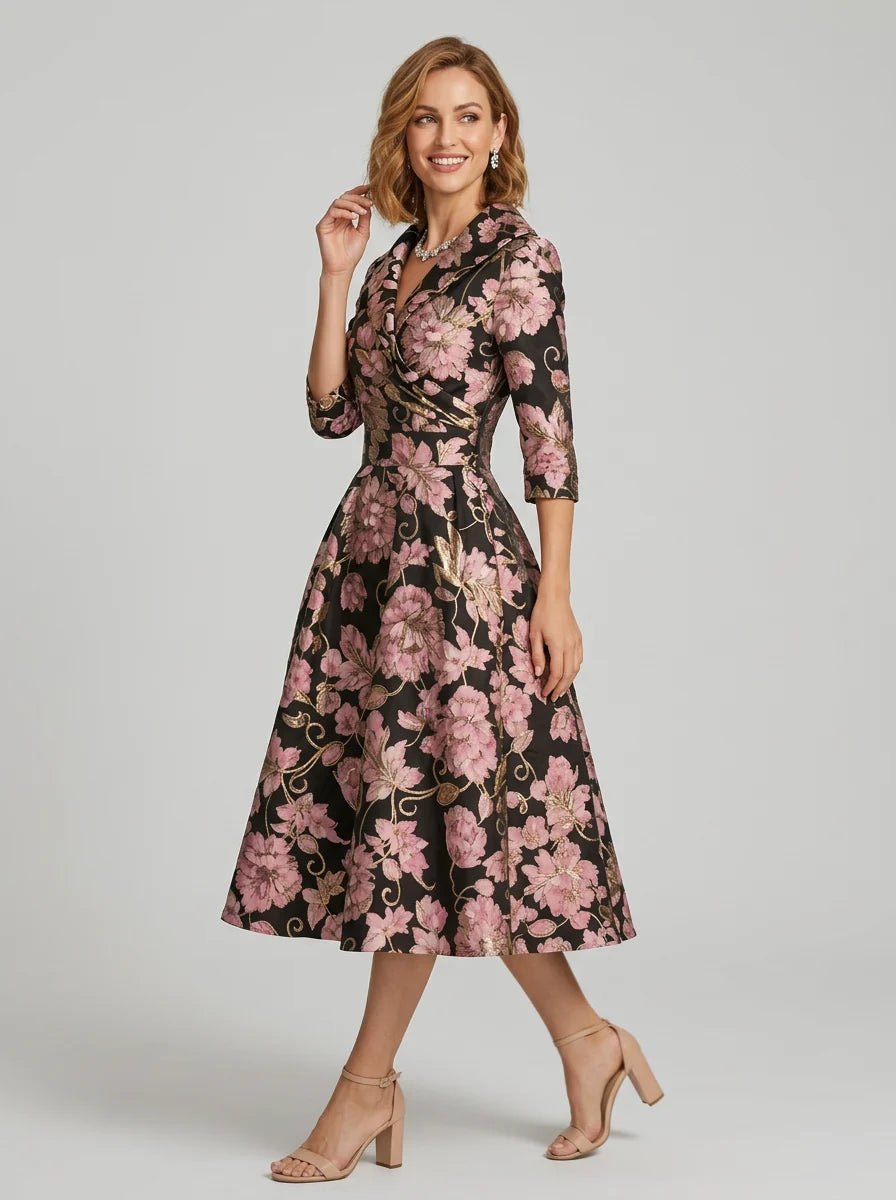 Deva | Women’s Wrap V Neck Printed Short Sleeve Flowy Midi Dress