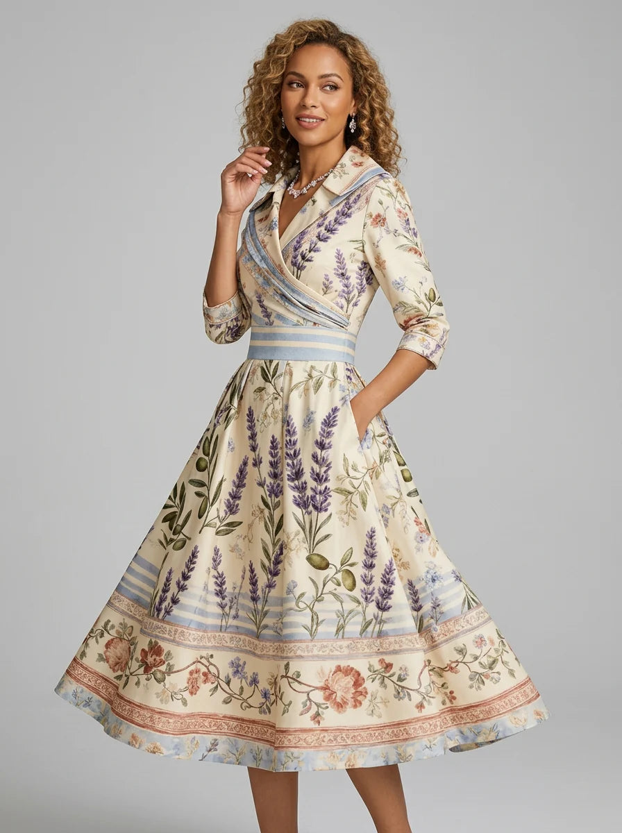 Deva | Women’s Wrap V Neck Printed Short Sleeve Flowy Midi Dress
