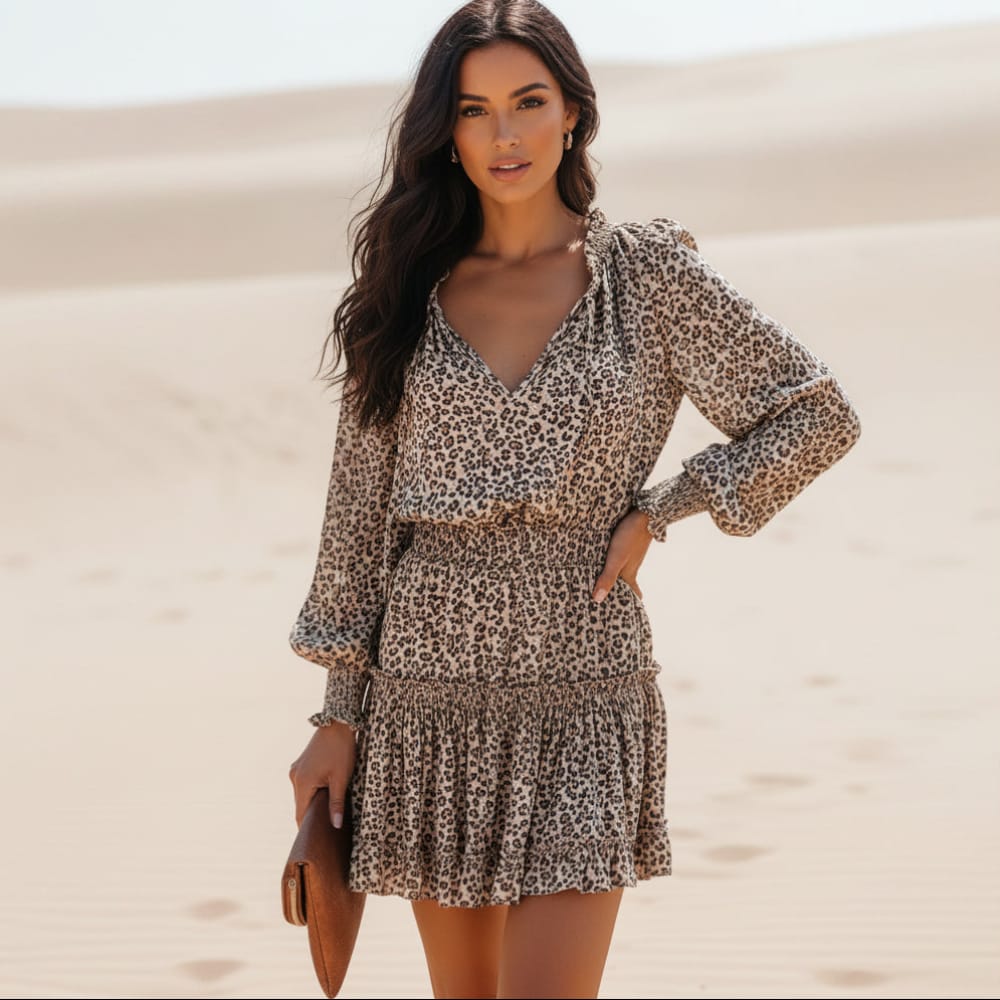 Dianna | Women's Long Sleeve Boho Leopard Mini Dress