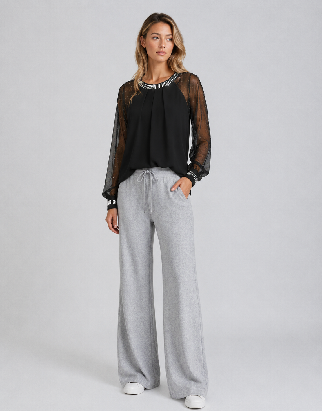 Dominica | Women's Sheer Sleeve Round Neck Blouse