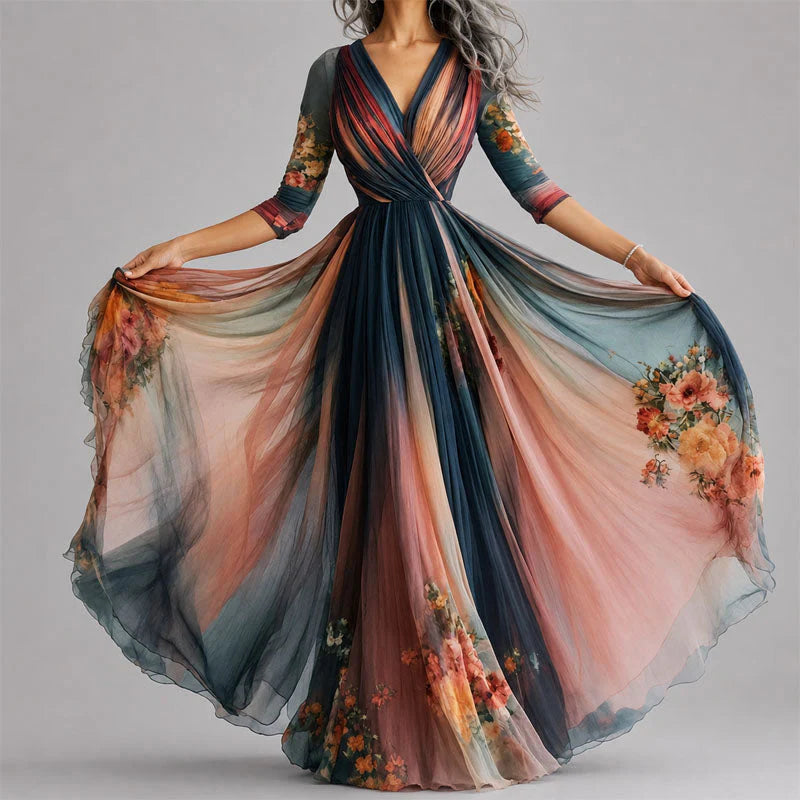 Eden | Women's V Neck Long Sleeve Flowy Maxi Dress