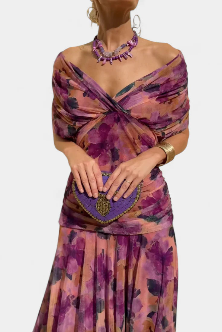 Edith | Off Shoulder Ruched Sheer Midi Dress