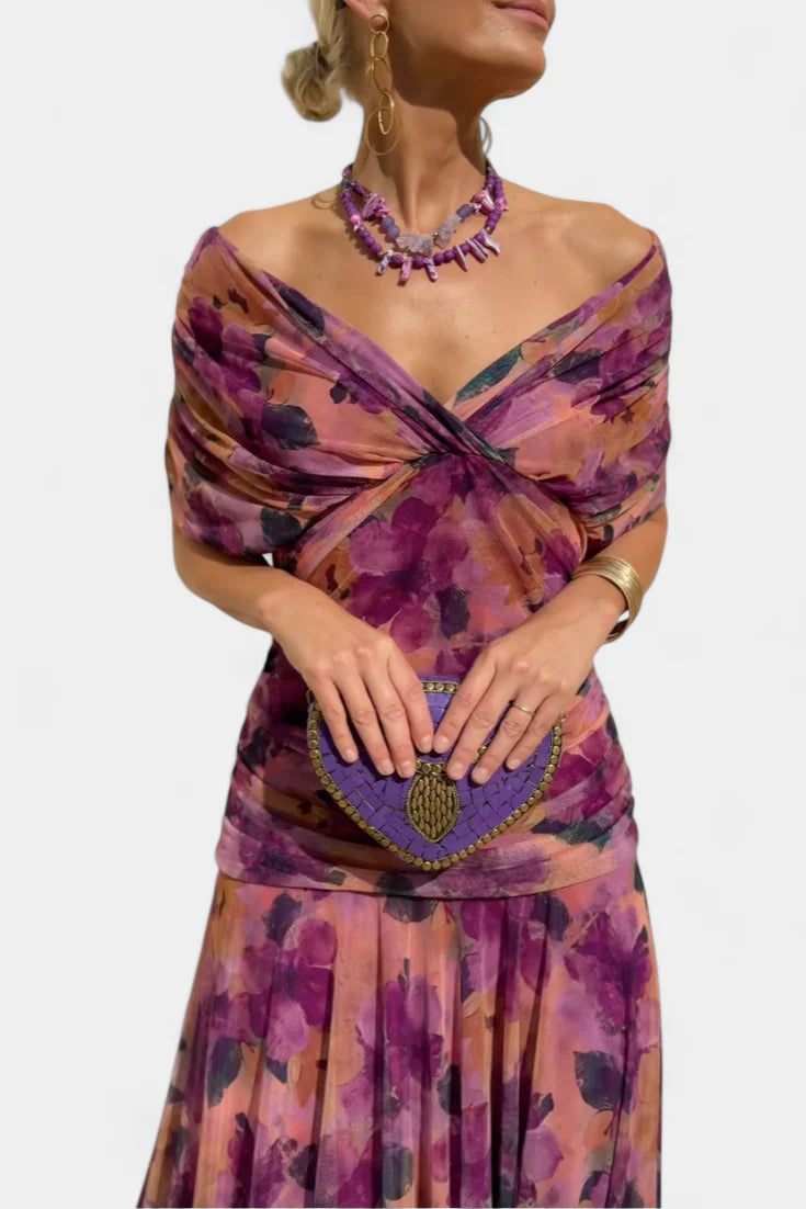 Edith | Off Shoulder Ruched Sheer Midi Dress