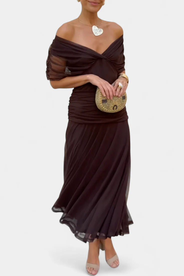 Edith | Off Shoulder Ruched Sheer Midi Dress