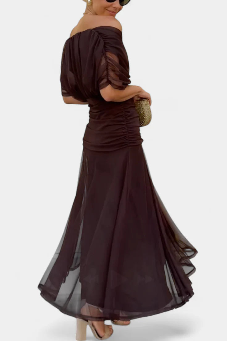 Edith | Off Shoulder Ruched Sheer Midi Dress