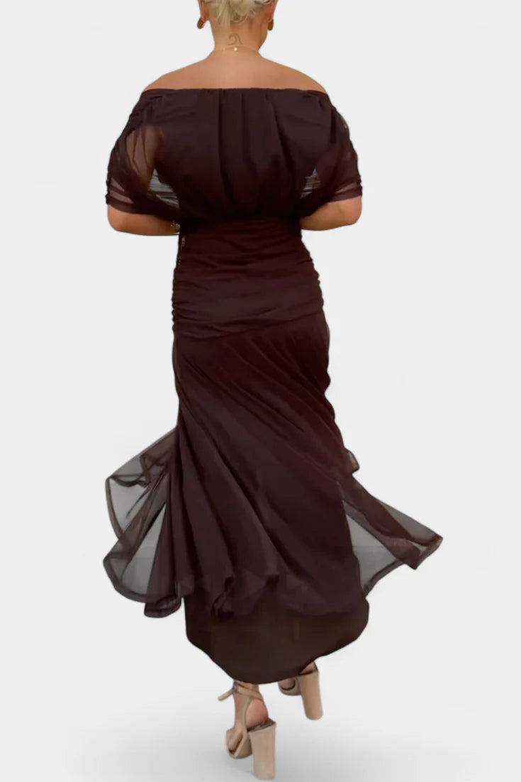 Edith | Off Shoulder Ruched Sheer Midi Dress
