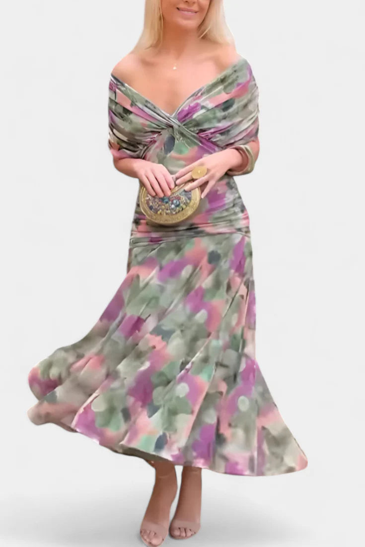 Edith | Off Shoulder Ruched Sheer Midi Dress