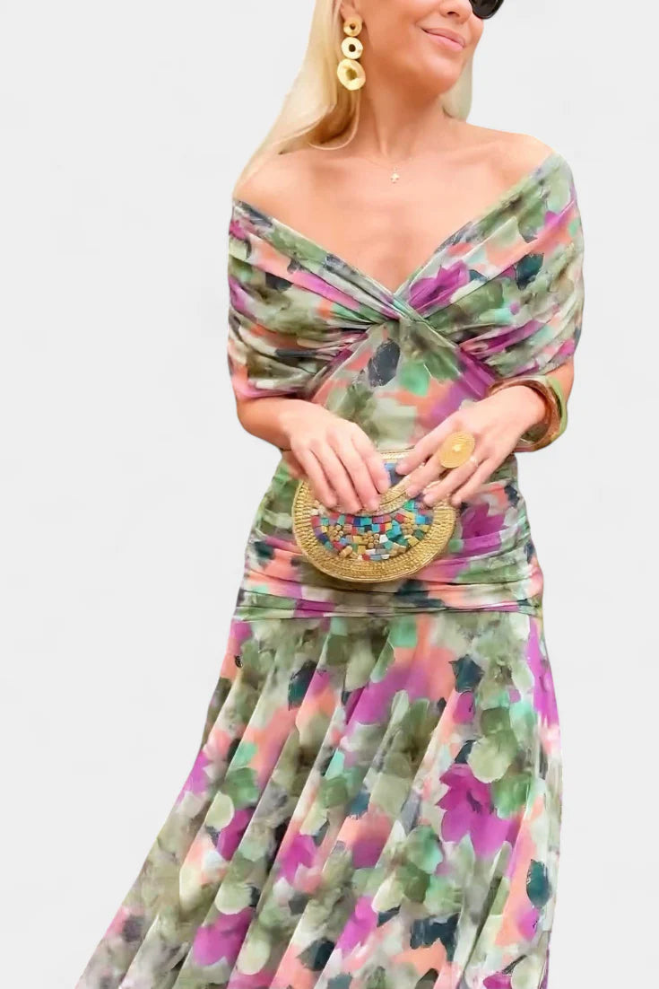 Edith | Off Shoulder Ruched Sheer Midi Dress