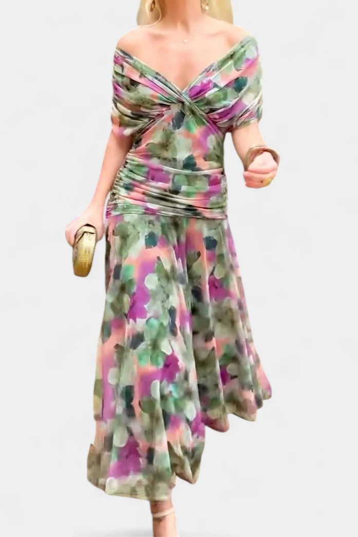 Edith | Off Shoulder Ruched Sheer Midi Dress