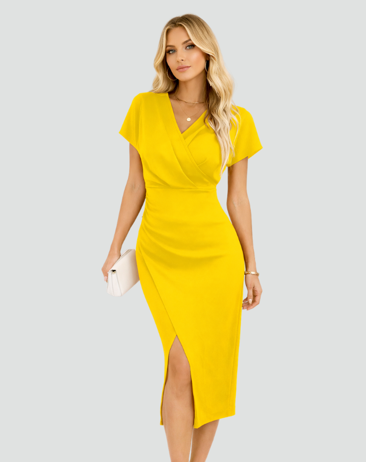 Elaine | Women's Fitted V Neck Side Slit Bodycon Midi Dress