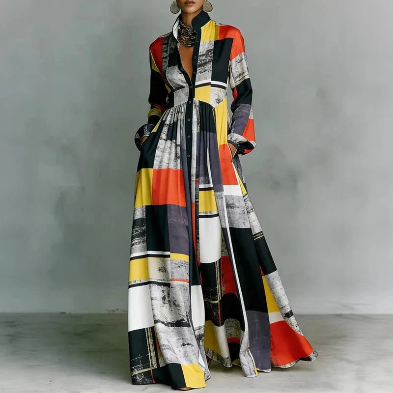 Eliette | Women's Printed Button-Down Long Sleeve Maxi Dress