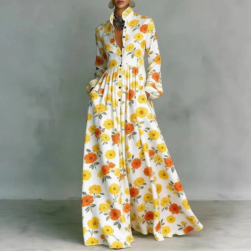 Eliette | Women's Printed Button-Down Long Sleeve Maxi Dress