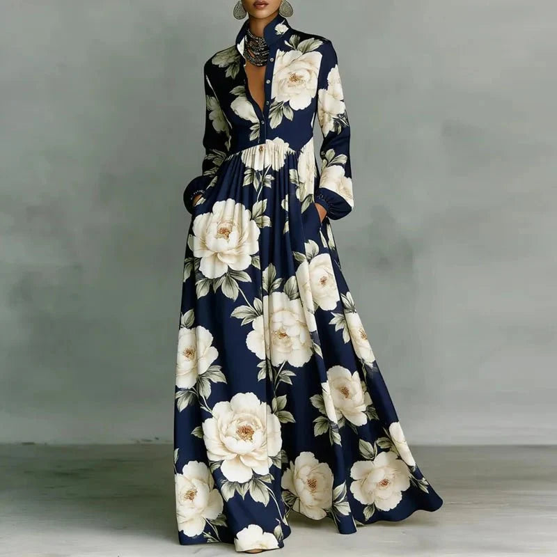 Eliette | Women's Printed Button-Down Long Sleeve Maxi Dress