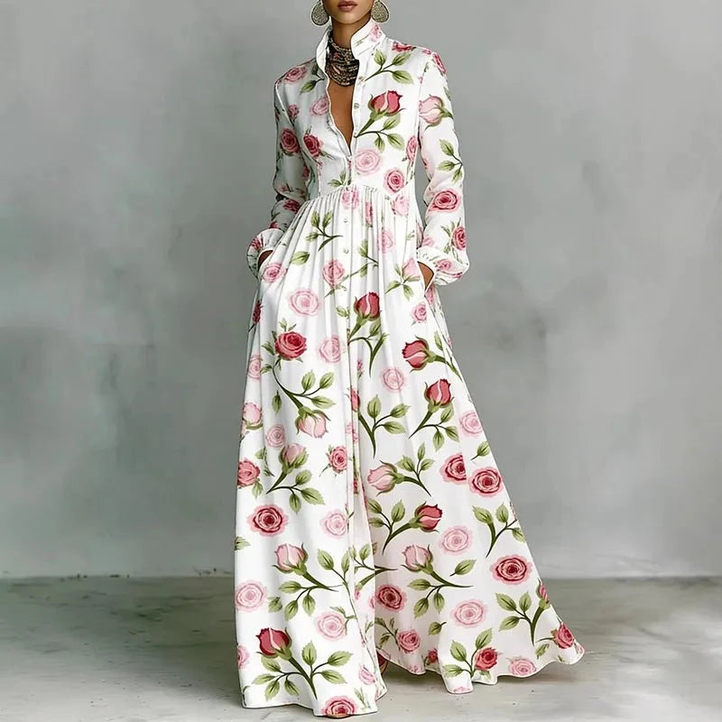 Eliette | Women's Printed Button-Down Long Sleeve Maxi Dress