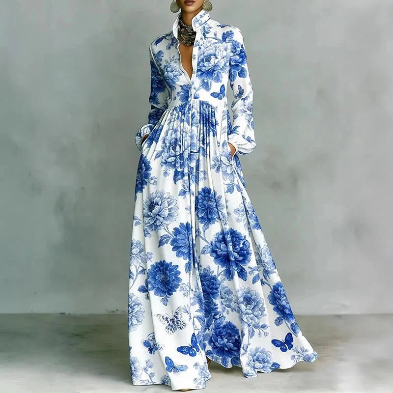 Eliette | Women's Printed Button-Down Long Sleeve Maxi Dress