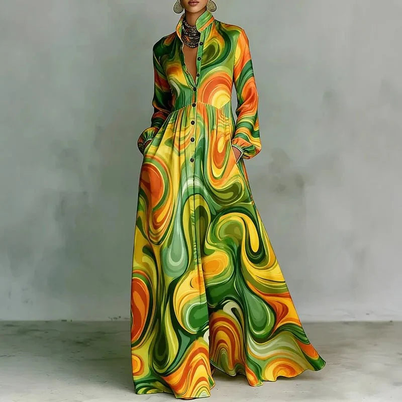 Eliette | Women's Printed Button-Down Long Sleeve Maxi Dress