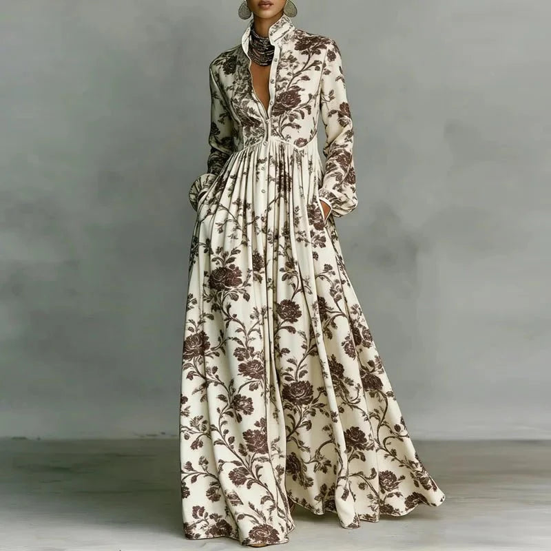 Eliette | Women's Printed Button-Down Long Sleeve Maxi Dress