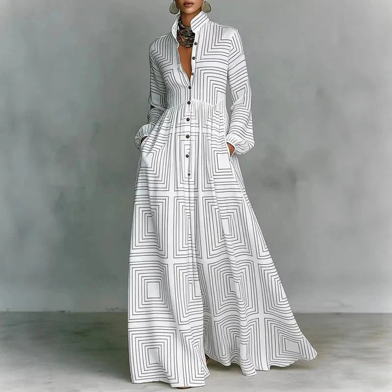 Eliette | Women's Printed Button-Down Long Sleeve Maxi Dress