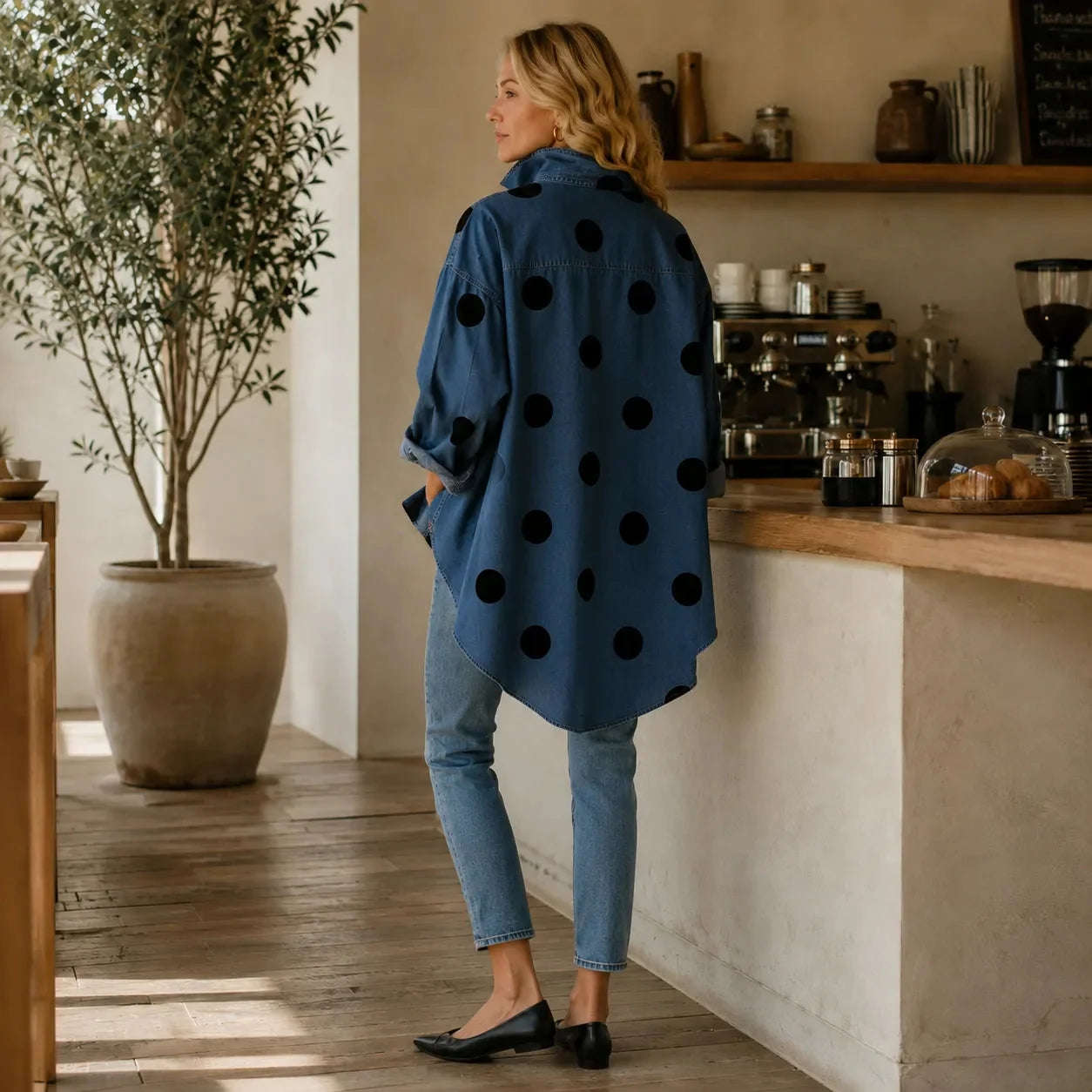 Elin | Women’s Polka Dot Long Sleeve Button Front Denim Shirt