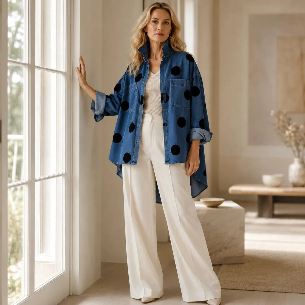 Elin | Women’s Polka Dot Long Sleeve Button Front Denim Shirt