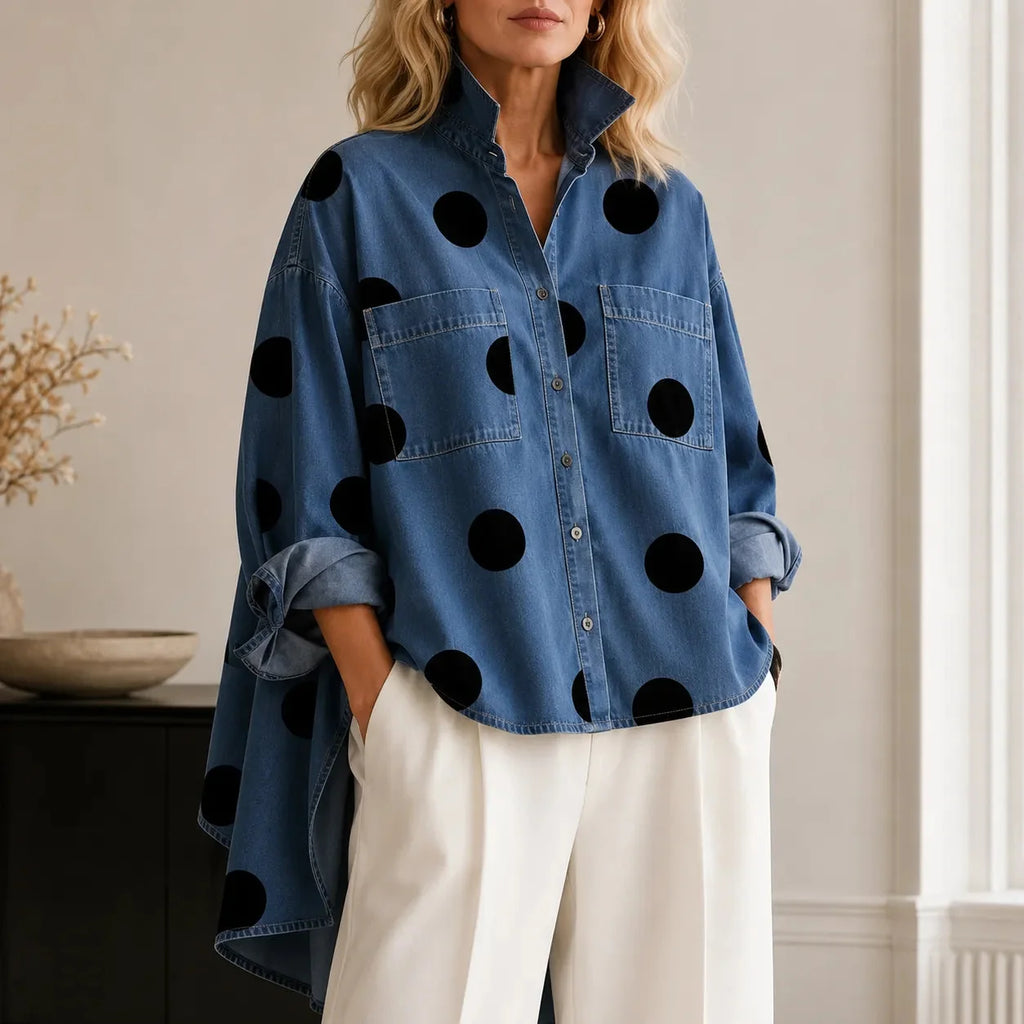Elin | Women’s Polka Dot Long Sleeve Button Front Denim Shirt