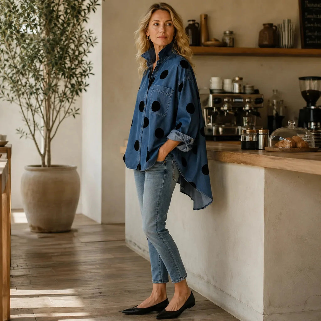 Elin | Women’s Polka Dot Long Sleeve Button Front Denim Shirt