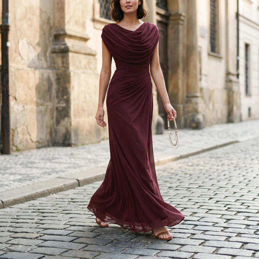 Elisa | Women's Draped Cowl Neck Pleated Maxi Dress