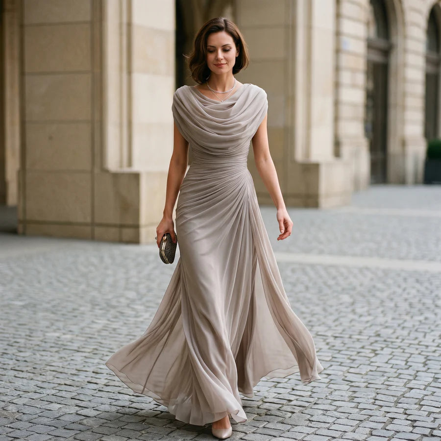 Elisa | Women's Draped Cowl Neck Pleated Maxi Dress