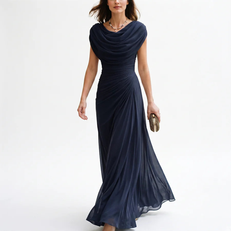 Elisa | Women's Draped Cowl Neck Pleated Maxi Dress