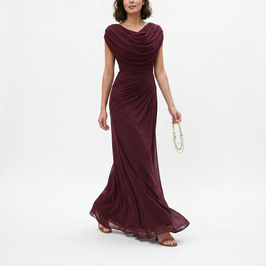 Elisa | Women's Draped Cowl Neck Pleated Maxi Dress