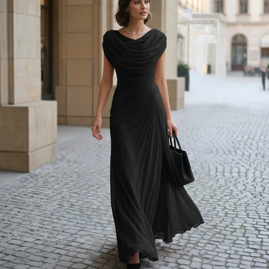 Elisa | Women's Draped Cowl Neck Pleated Maxi Dress