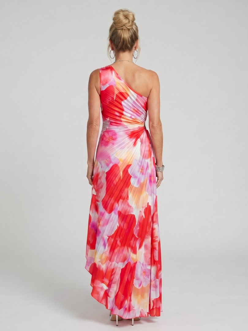Elise | Women's Floral Print One Shoulder Pleated Maxi Dress