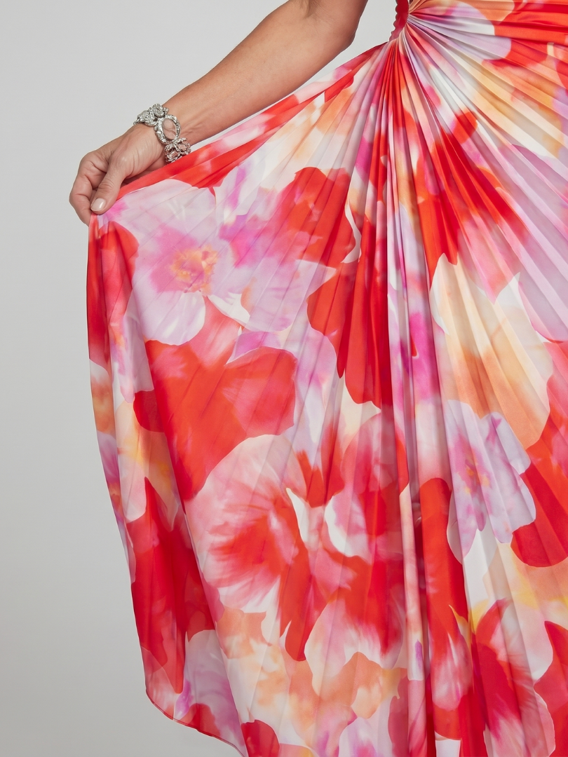 Elise | Women's Floral Print One Shoulder Pleated Maxi Dress