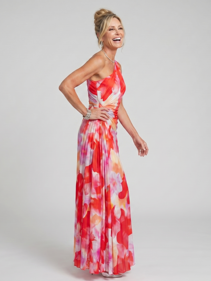 Elise | Women's Floral Print One Shoulder Pleated Maxi Dress