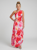 Elise | Women's Floral Print One Shoulder Pleated Maxi Dress
