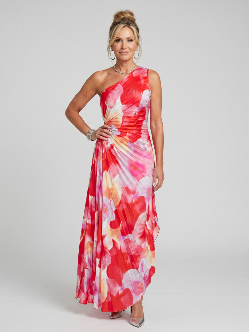 Elise | Women's Floral Print One Shoulder Pleated Maxi Dress