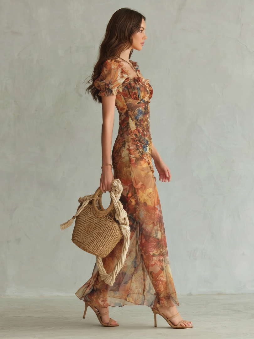 Elisha | Women's Floral Print Puff Sleeve Maxi Dress