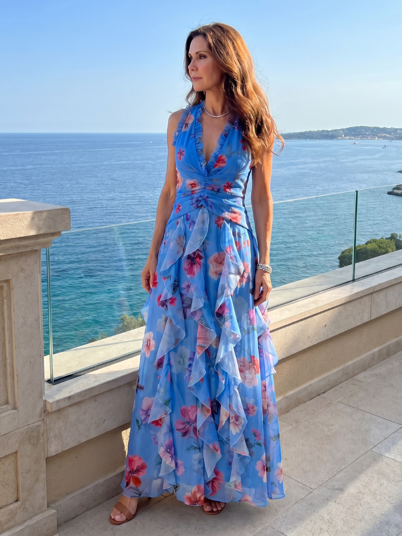 Eliza | Women's Floral Halter Neck Ruffle Tiered Maxi Dress