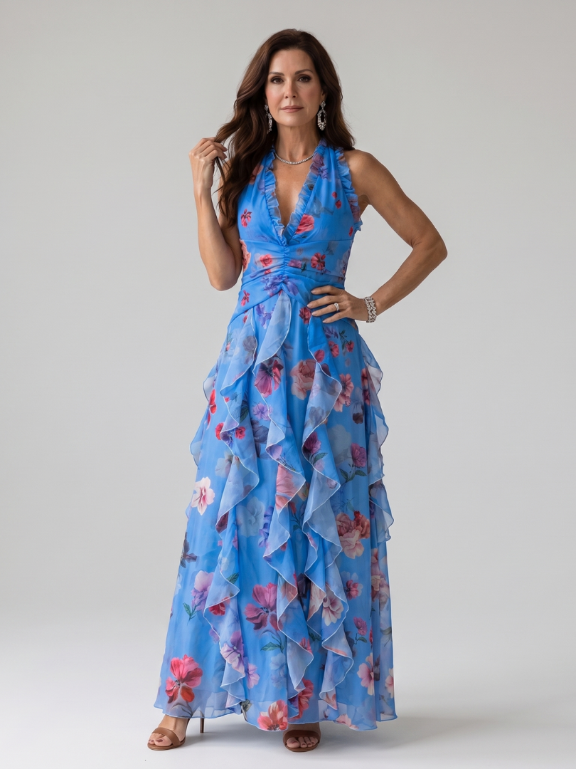 Eliza | Women's Floral Halter Neck Ruffle Tiered Maxi Dress