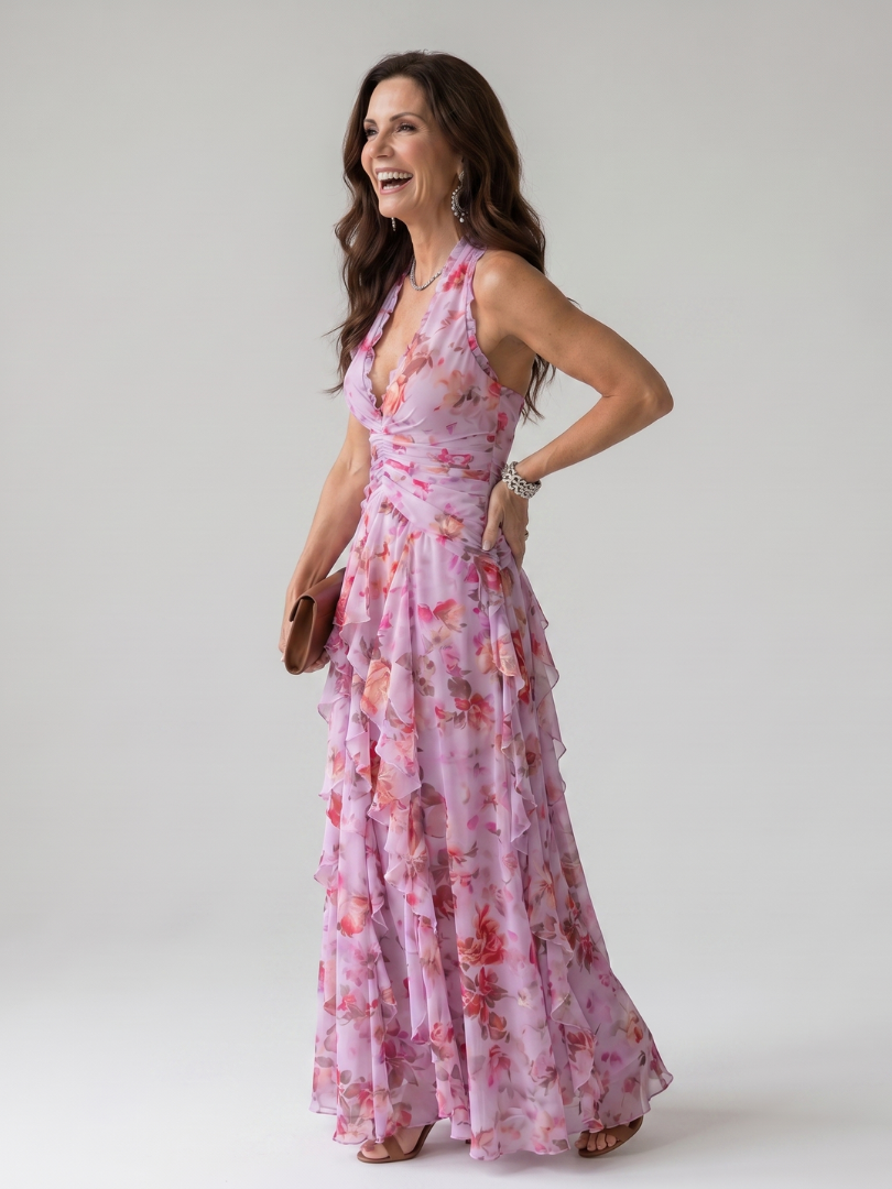 Eliza | Women's Floral Halter Neck Ruffle Tiered Maxi Dress