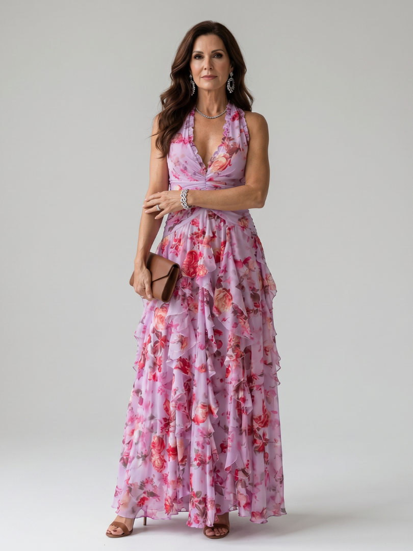 Eliza | Women's Floral Halter Neck Ruffle Tiered Maxi Dress