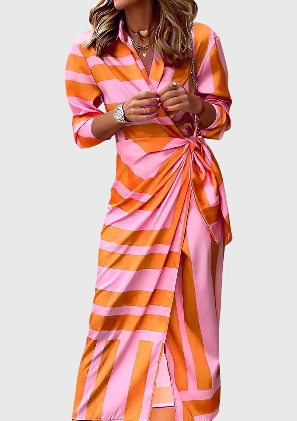 Eloisa | Women’s Printed V Neck Waist Tie Long Sleeve Midi Dress