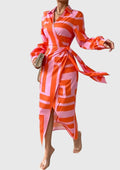 Eloisa | Women’s Printed V Neck Waist Tie Long Sleeve Midi Dress