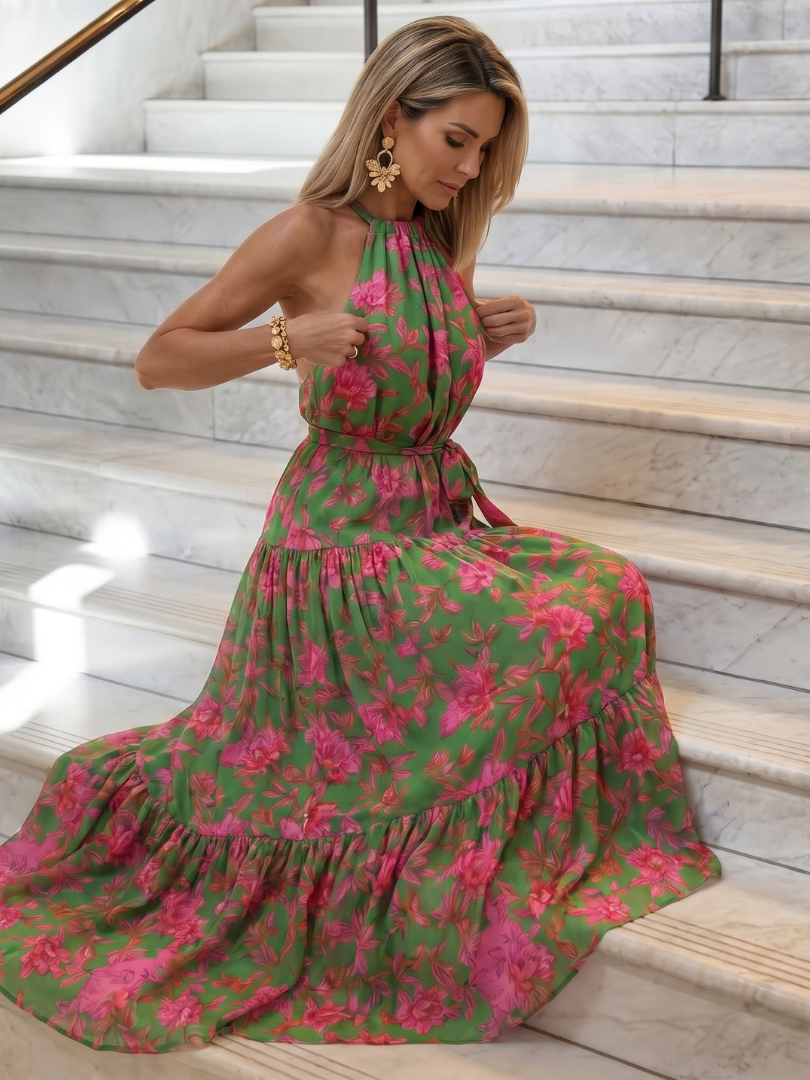Elspeth | Women's Floral Halter Neck Sleevelesss Maxi Dress