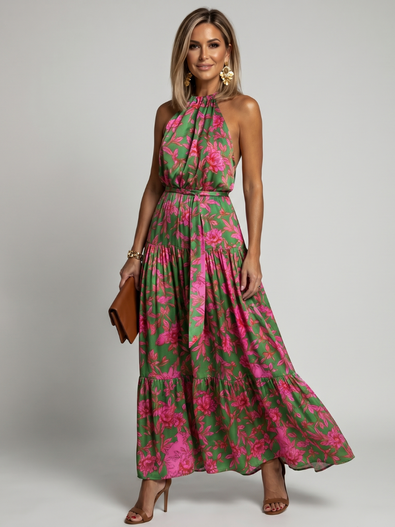 Elspeth | Women's Floral Halter Neck Sleevelesss Maxi Dress