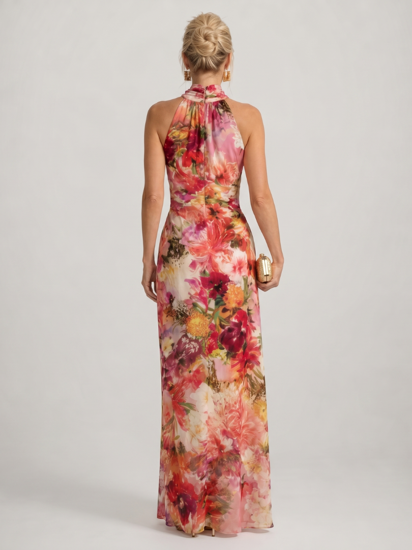 Elvira | Women's Floral Print Sleeveless Halter Neck Maxi Dress