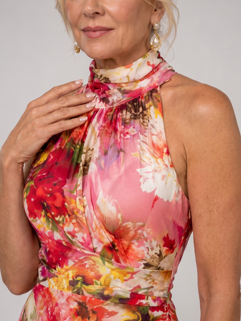 Elvira | Women's Floral Print Sleeveless Halter Neck Maxi Dress