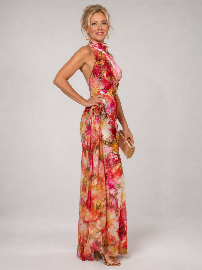 Elvira | Women's Floral Print Sleeveless Halter Neck Maxi Dress