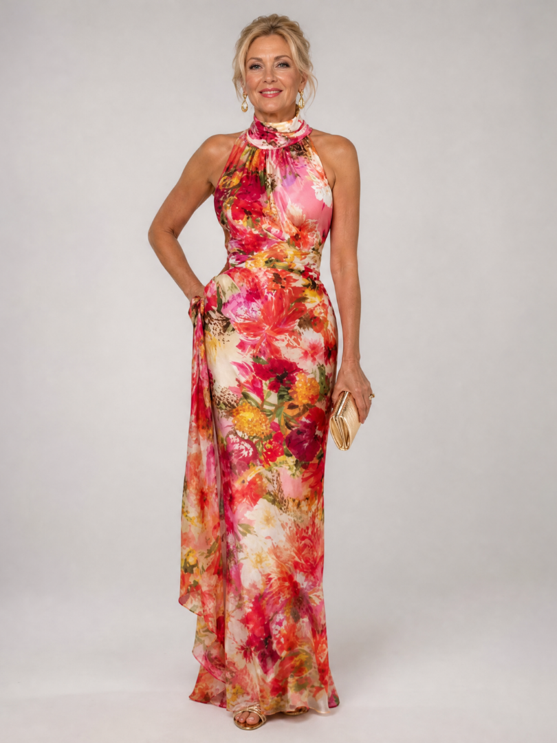 Elvira | Women's Floral Print Sleeveless Halter Neck Maxi Dress